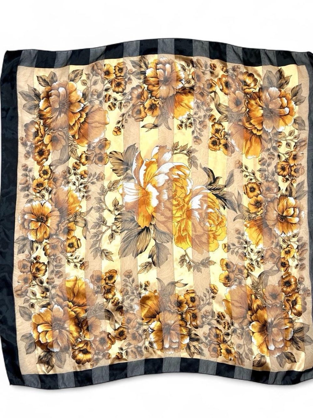 Vintage Black Gold Floral Stripe Square Sheer Fashion Scarf